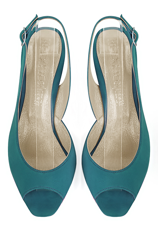 Peacock blue women's slingback sandals. Square toe. Medium comma heels. Top view - Florence KOOIJMAN